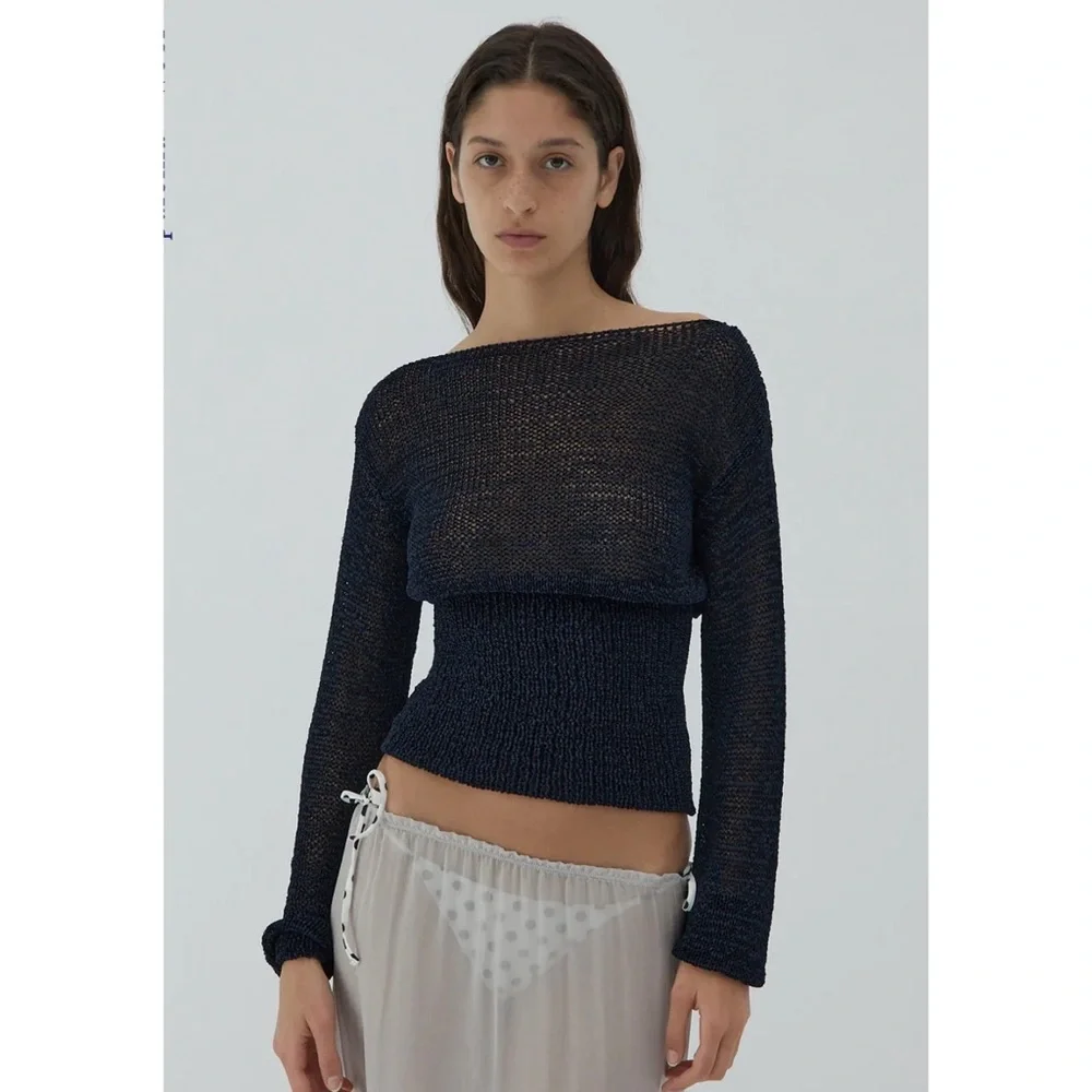Paloma Wool Mosto Sweater in Navy Blue Knit Net Mesh Layer Smocked Bottom Slinky - Picture 2 of 11